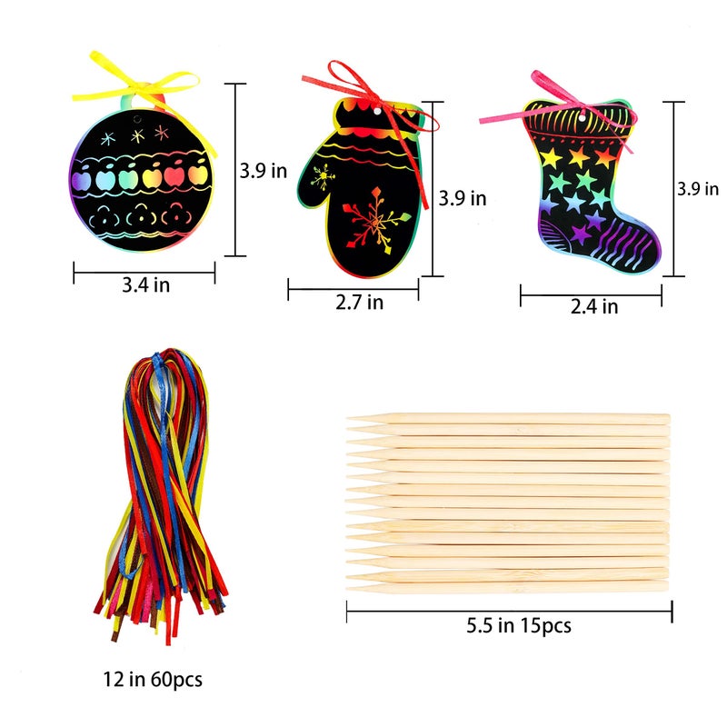 DAIKOYE Christmas Scratch Art Paper 60 Pcs Crafts Kits Magic Rainbow Scratch Cards for Xmas Tree Ornaments and Kids Birthday Decoration with 15 Pcs Drawing Sticks & 60 Pcs Cords - Image 3